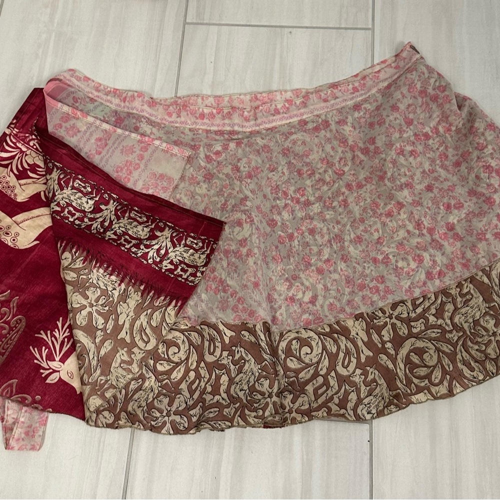 Reversible sari wrap Floral Skirt in burgundy, tan, pink